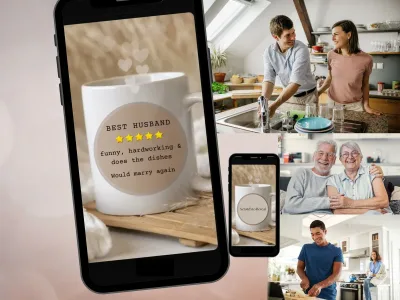 Best Husband scratch card with a coffee mug and a funny five-star review