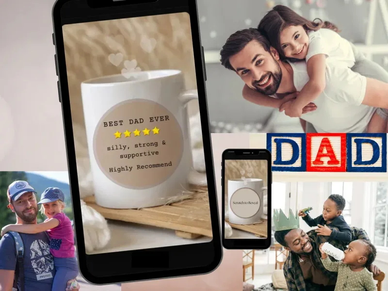 Best Dad Ever scratch card with a coffee mug and a five-star review
