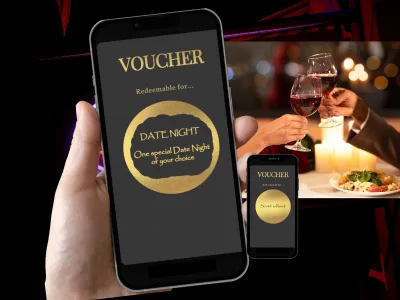 Date night voucher digital scratch card held in a hand: a gold scratch circle revealing One special Date Night of your choice, beside a candlelit dinner photo and a smaller phone