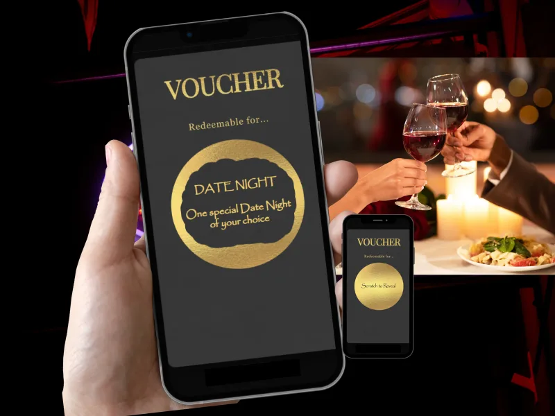 Date night voucher digital scratch card held in a hand: a gold scratch circle revealing One special Date Night of your choice, beside a candlelit dinner photo and a smaller phone