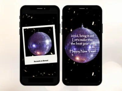 Disco ball New Year's Eve digital scratch card on two phones, polaroid disco ball scratched to reveal a Happy New Year message