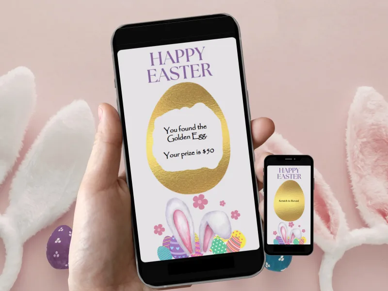 Golden egg Easter scratch card in a hand-held phone with bunny ears, gold egg scratched to reveal a prize message