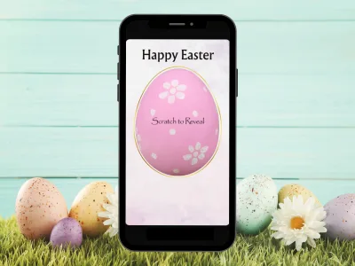 Happy Easter scratch card on a phone among pastel eggs on grass, pink egg with a Scratch to Reveal foil