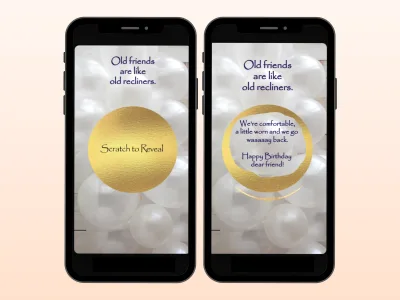 Elegant white balloon birthday scratch card on two phones, gold circle foil before and after scratching to reveal a funny birthday message