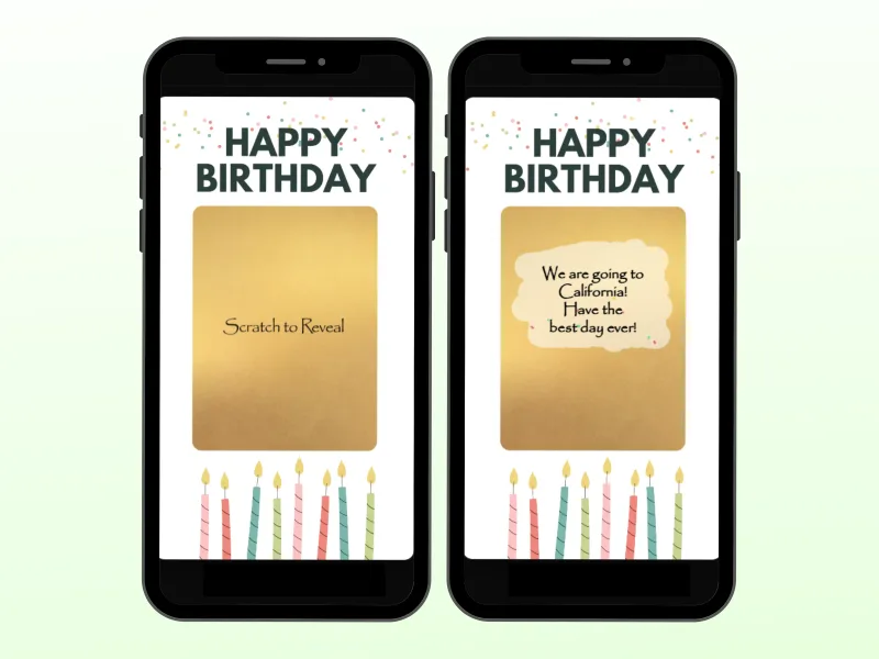 Happy Birthday gift reveal digital scratch card on two phones: a gold scratch panel above colourful birthday candles, and the revealed surprise trip message