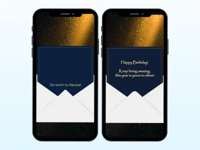 Elegant birthday message scratch card on two phones, navy envelope foil before and after scratching to reveal a birthday wish