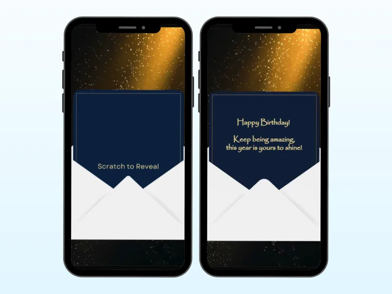 Elegant birthday message scratch card on two phones, navy envelope foil before and after scratching to reveal a birthday wish