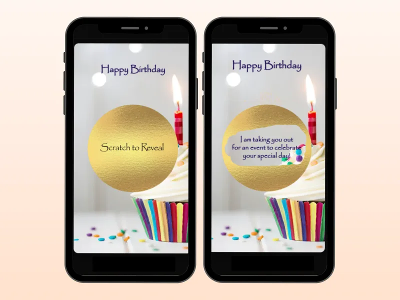 Cupcake birthday scratch card on two phones, gold circle foil before and after scratching to reveal a birthday surprise message