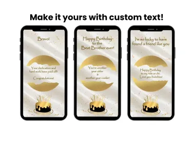 Cream and gold birthday cake scratch card shown on a phone