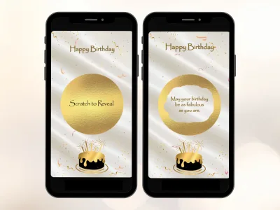 Elegant gold birthday digital scratch card on two phones with cream satin screens, gold circle above a black and gold cake scratched to reveal a birthday wish