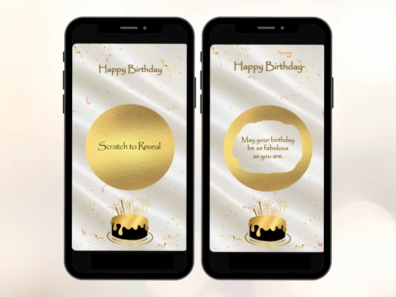 Elegant gold birthday digital scratch card on two phones with cream satin screens, gold circle above a black and gold cake scratched to reveal a birthday wish