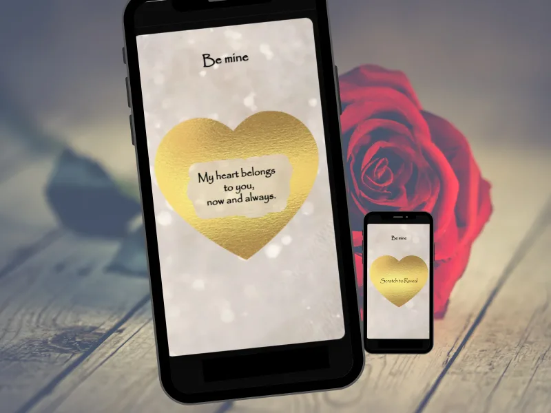 Elegant gold heart scratch card on a phone beside a red rose, gold heart scratched to reveal a Be mine love message