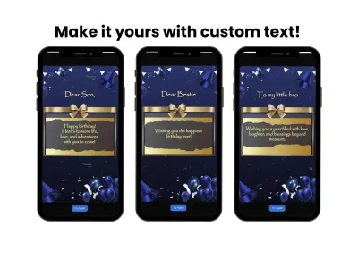 Navy and gold party birthday scratch card shown on a phone