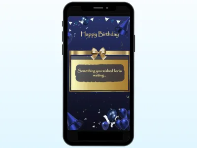Elegant navy and gold birthday scratch card on a phone, gold gift band scratched to reveal a birthday message