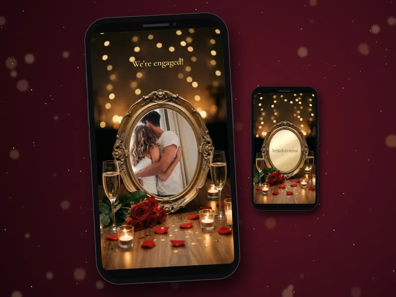 Engagement announcement photo scratch card on a phone, couple photo revealed in an ornate gold frame with roses