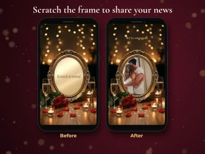 Before and after: gold frame foil on the engagement card, then the couple photo and We're engaged message revealed