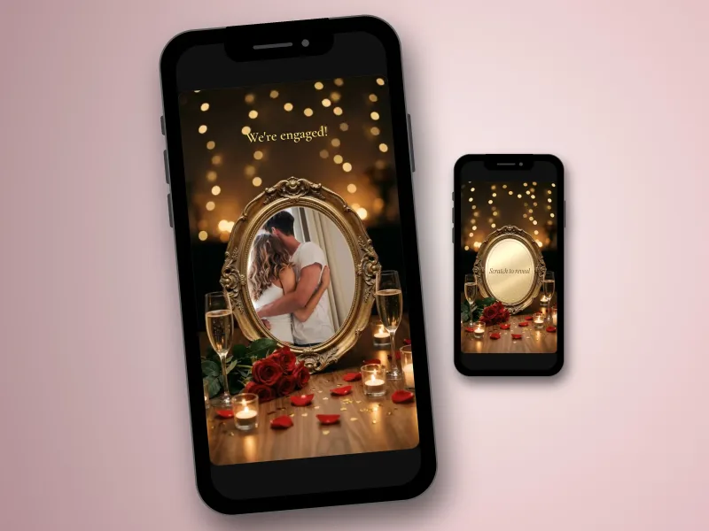 Engagement announcement photo scratch card on a phone, couple photo revealed in an ornate gold frame with roses