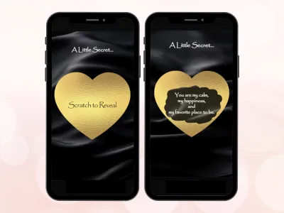 Eternal gold heart scratch card on two phones with black satin screens, gold heart scratched to reveal a love message