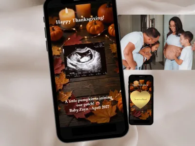 Thanksgiving pregnancy scratch card: ultrasound revealed under Happy Thanksgiving, beside a family photo and gold heart foil
