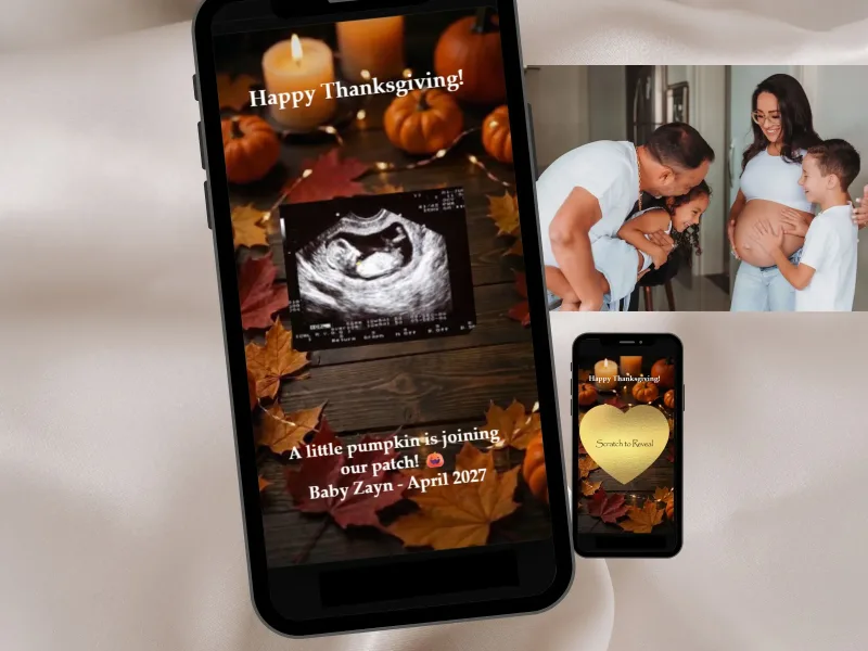 Thanksgiving pregnancy scratch card: ultrasound revealed under Happy Thanksgiving, beside a family photo and gold heart foil