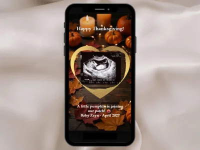 Fall pregnancy announcement scratch card: ultrasound in a gold heart with A little pumpkin is joining our patch