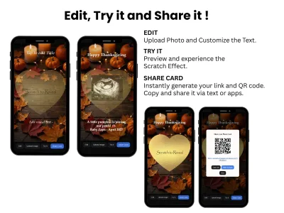 Four phones showing how to edit, try and share the Thanksgiving pregnancy scratch card as a link or QR code