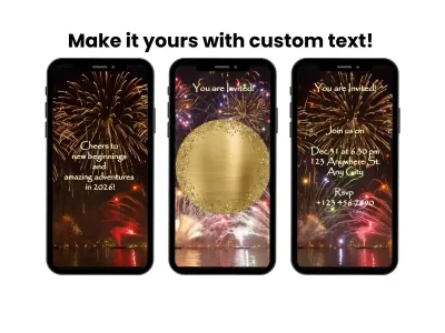 New Year Fireworks Gold Glitter Digital Scratch Card shown on a phone