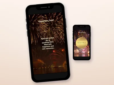 New Year fireworks scratch card with a gold glitter circle on two phones, revealing a 2027 wish