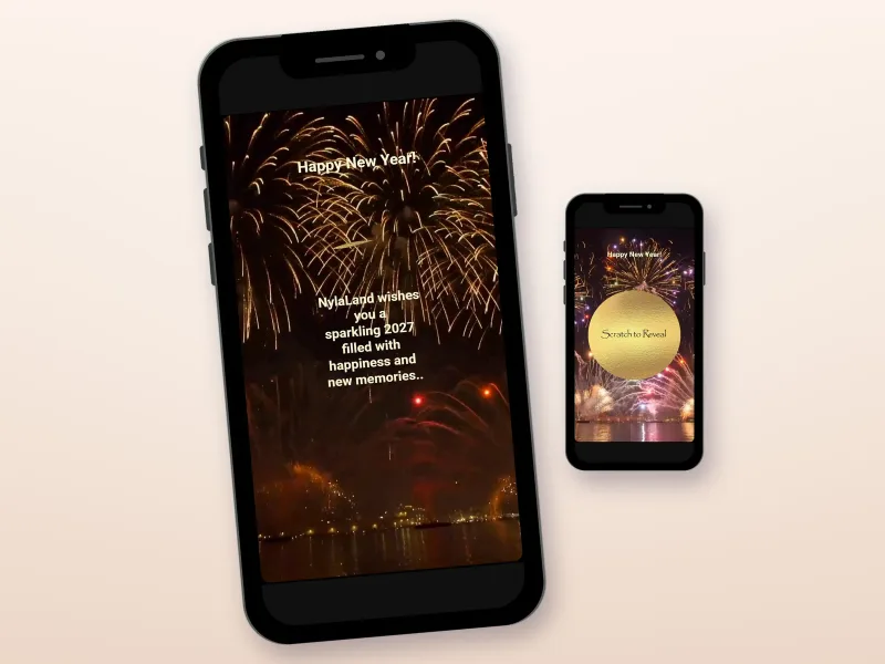 New Year fireworks scratch card with a gold glitter circle on two phones, revealing a 2027 wish