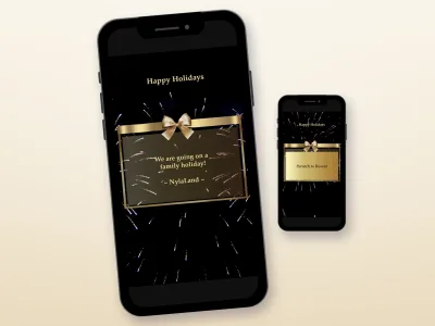 Gold gift box scratch card with fireworks on two phones, revealing a family holiday surprise
