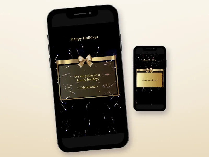 Gold gift box scratch card with fireworks on two phones, revealing a family holiday surprise