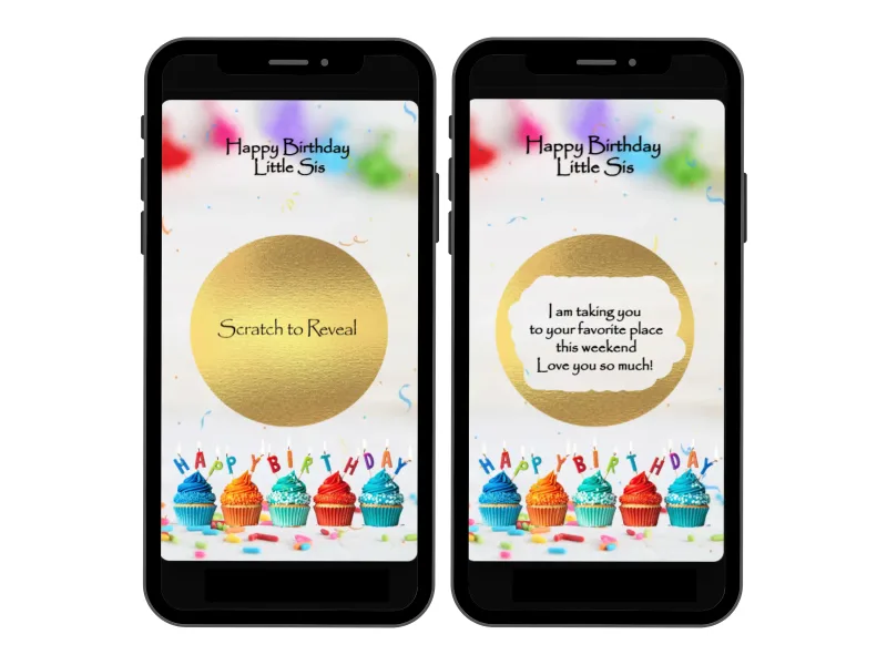 Colourful cupcakes birthday scratch card on two phones, gold circle foil before and after scratching to reveal a birthday message