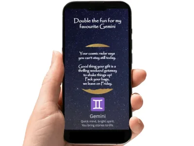 Gemini zodiac birthday scratch card with a starry night sky and a glowing gold circle