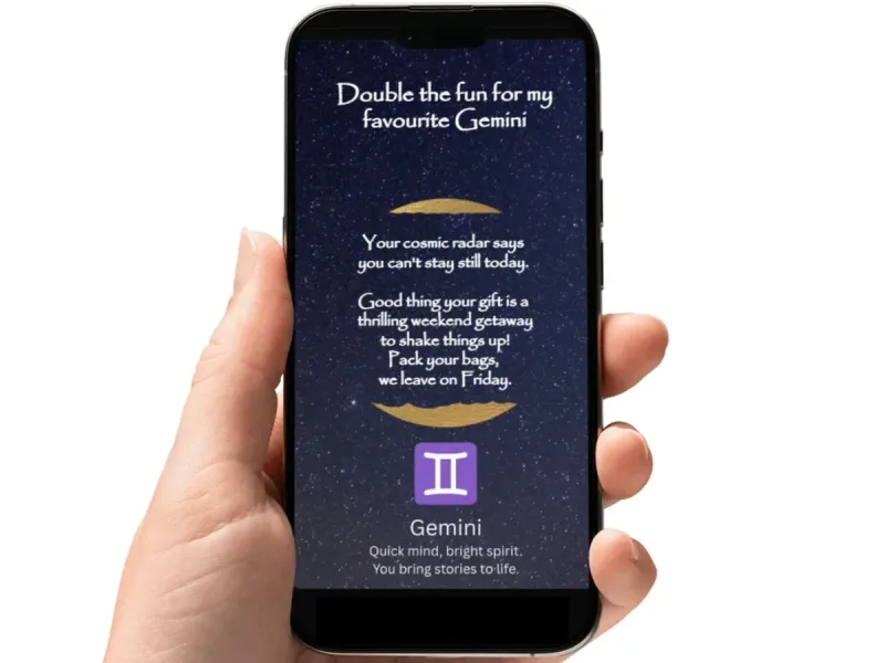 Gemini zodiac birthday scratch card with a starry night sky and a glowing gold circle
