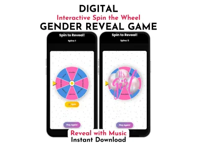 Gender reveal spin the wheel interactive digital party game showing pink or blue gender reveal result