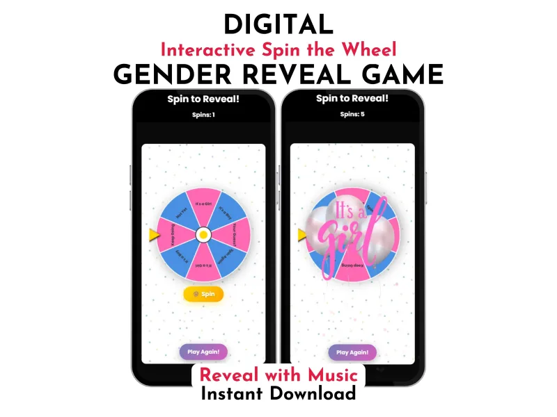 Gender reveal spin the wheel interactive digital party game showing pink or blue gender reveal result