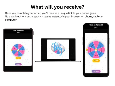 Gender Reveal Spin the Wheel Game, Interactive Baby Shower Reveal, Digital Party Game digital reveal game shown on a phone
