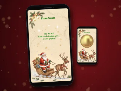 Gift from Santa digital scratch card on a phone with Santa and his reindeer sleigh, next to a phone showing the gold foil