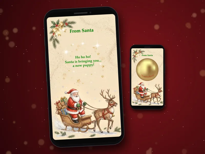 Gift from Santa digital scratch card on a phone with Santa and his reindeer sleigh, next to a phone showing the gold foil