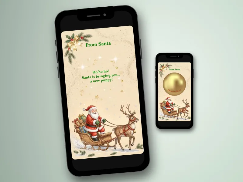 Gift from Santa digital scratch card on a phone with Santa and his reindeer sleigh, next to a phone showing the gold foil