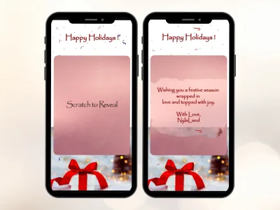 Holiday gift reveal digital scratch card on two phones: a pink scratch panel above a white gift box with a red bow, and the revealed Happy Holidays message