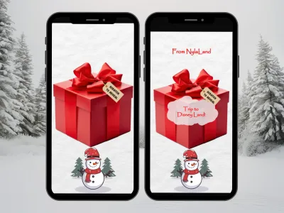 Christmas gift reveal digital scratch card on two phones: a big red gift box with a snowman, and the revealed holiday gift message, against a snowy forest