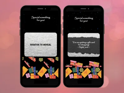 Gift surprise digital scratch card on two phones: a silver scratch panel above colourful wrapped presents, and the revealed gift card message