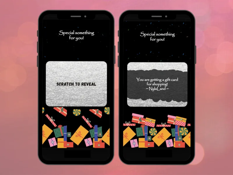 Gift surprise digital scratch card on two phones: a silver scratch panel above colourful wrapped presents, and the revealed gift card message