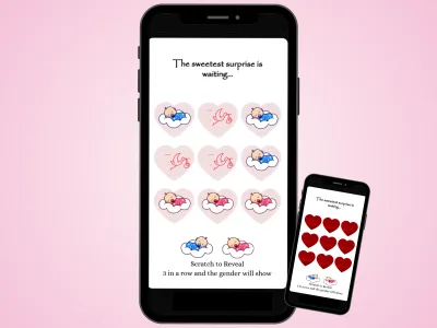 Dreamy stork baby girl gender announcement scratch card on two phones over a soft pink background, red hearts scratched to reveal stork-delivered baby girls