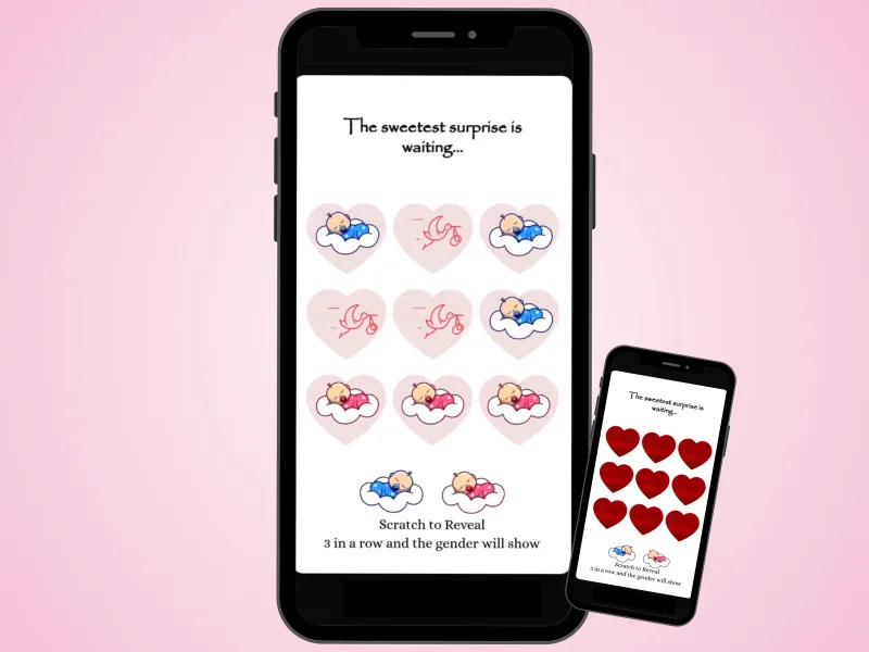 Dreamy stork baby girl gender announcement scratch card on two phones over a soft pink background, red hearts scratched to reveal stork-delivered baby girls