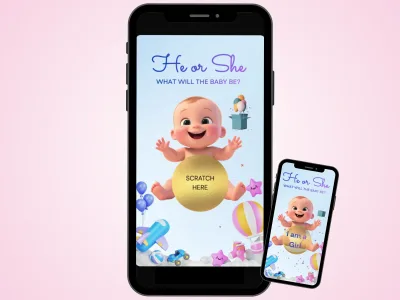 Baby girl gender reveal digital scratch card on a phone: a cartoon baby with a gold He or She scratch circle, beside a second phone showing the I am a Girl reveal
