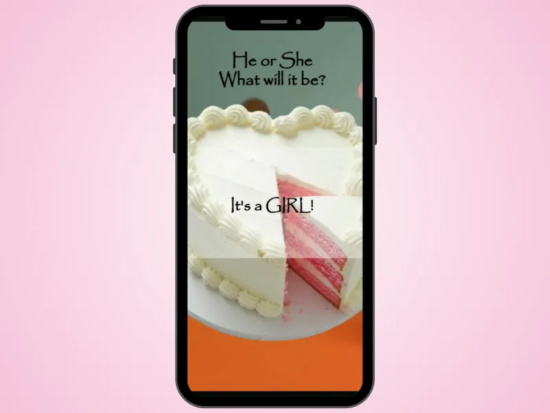 Cake gender reveal digital scratch card on a phone over a soft pink background, cake slice scratched to reveal It's a Girl