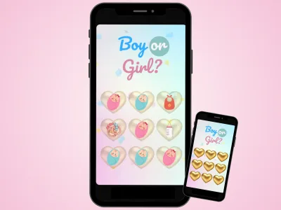 Boy or Girl gold hearts gender reveal scratch game on two phones over a soft pink background, gold hearts scratched to reveal baby girls