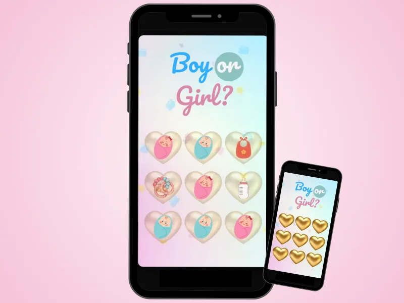 Boy or Girl gold hearts gender reveal scratch game on two phones over a soft pink background, gold hearts scratched to reveal baby girls